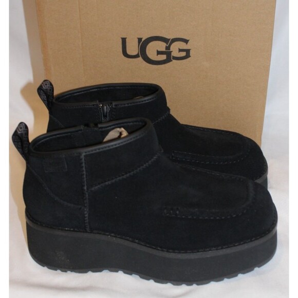 UGG WOMEN'S ULTRA‎ MINI CITYFUNC SUEDE ZIP PLATFORM BOOTS NEW! BLACK - Picture 1 of 6